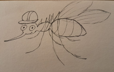 Illustrated mosquito wearing a hard hat